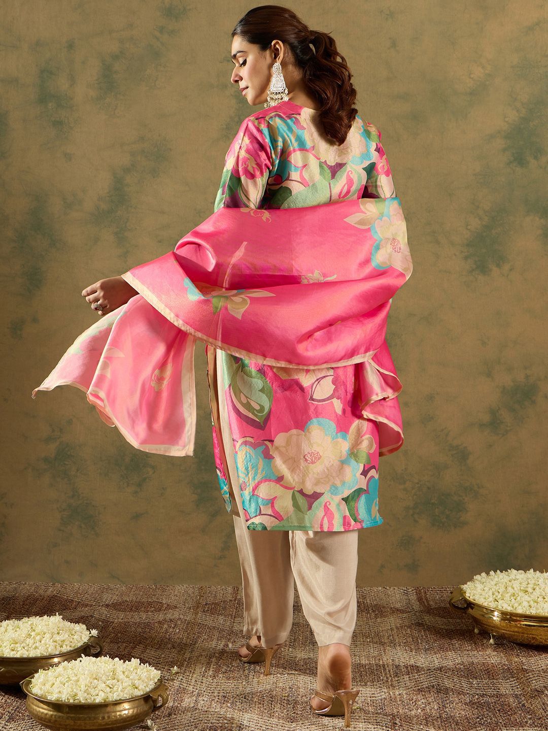 Floral Printed V-Neck Kurta with Trouser & Dupatta