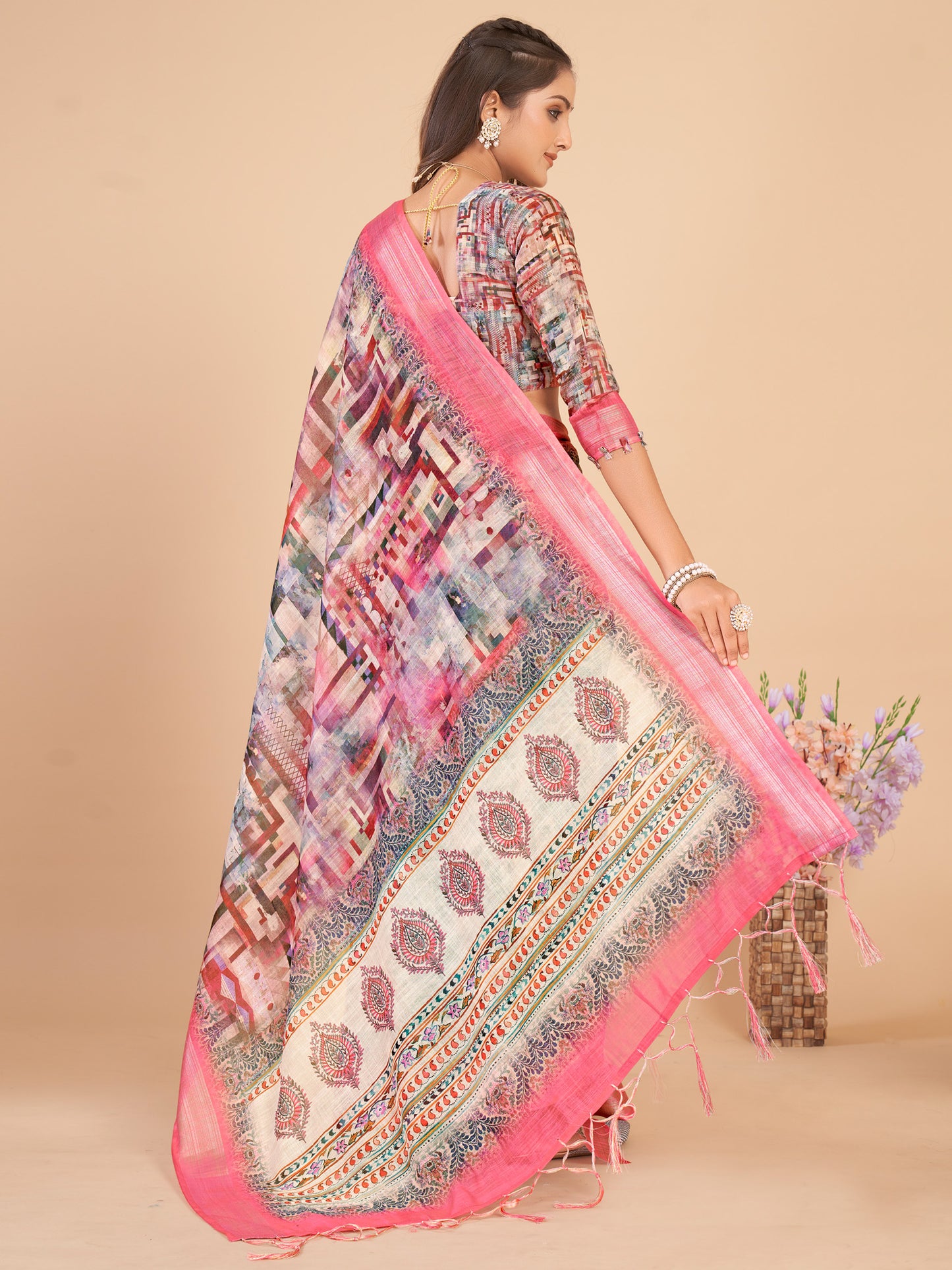 Women's Linen Blend Pink Printed Designer Saree With Blouse Piece