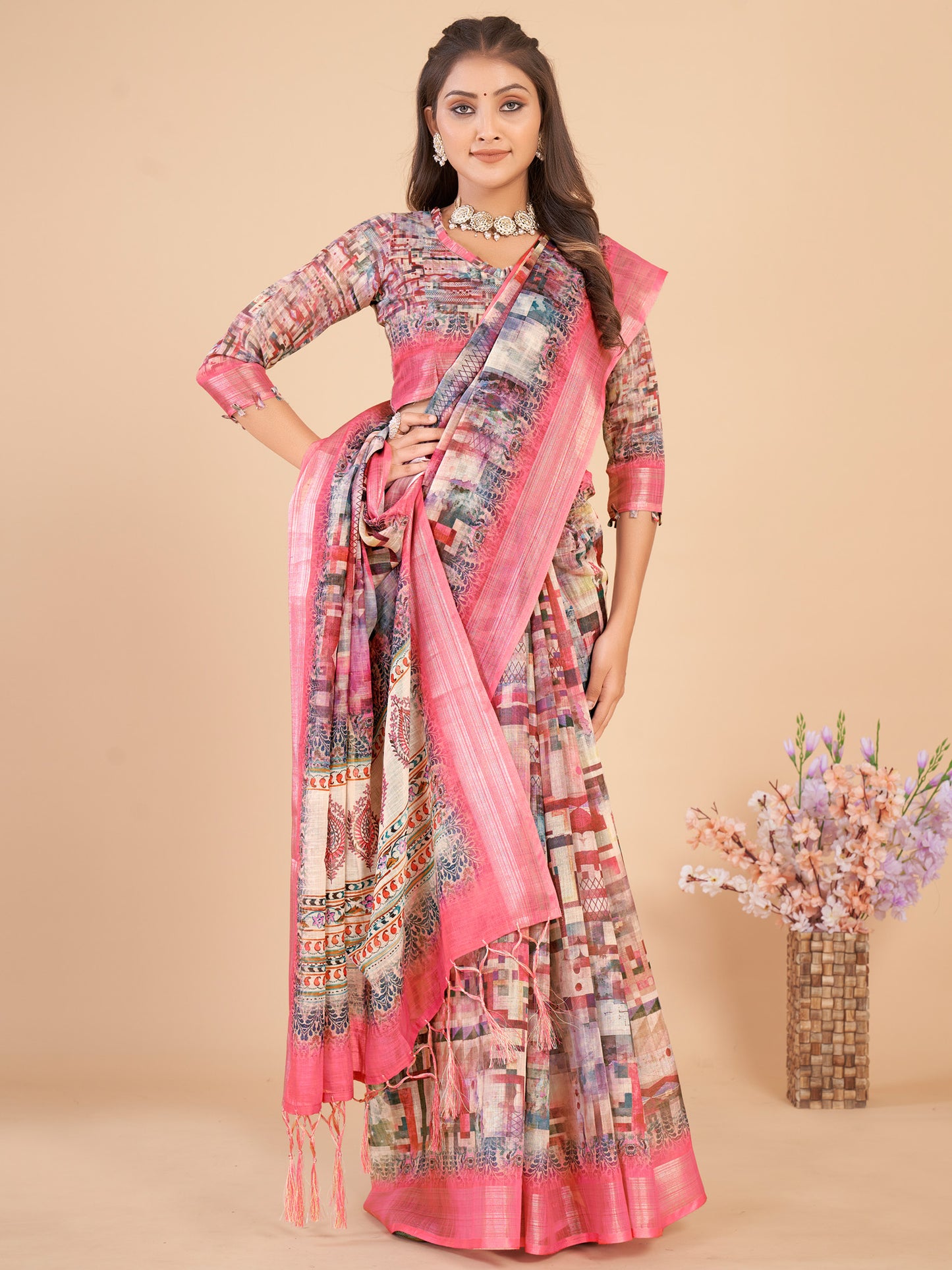 Women's Linen Blend Pink Printed Designer Saree With Blouse Piece