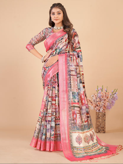 Women's Linen Blend Pink Printed Designer Saree With Blouse Piece