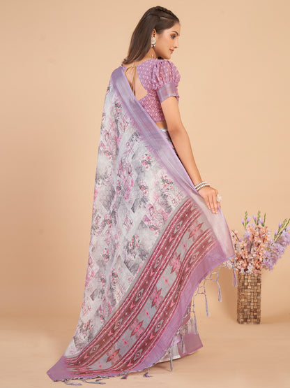 Women's Linen Blend Off White Printed Designer Saree With Blouse Piece