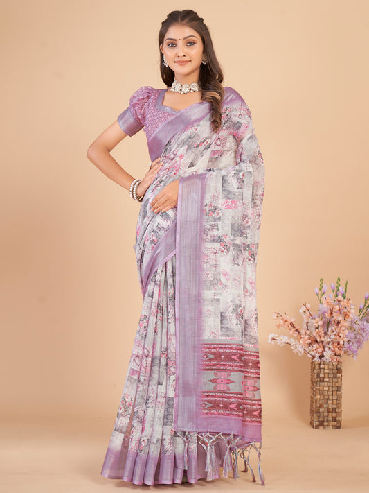 Women's Linen Blend Off White Printed Designer Saree With Blouse Piece