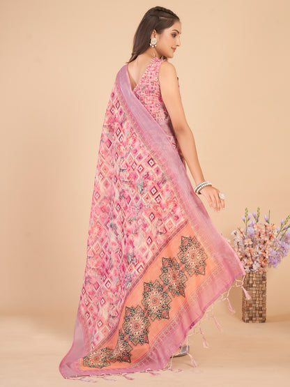 Women's Linen Blend Pink Printed Designer Saree With Blouse Piece