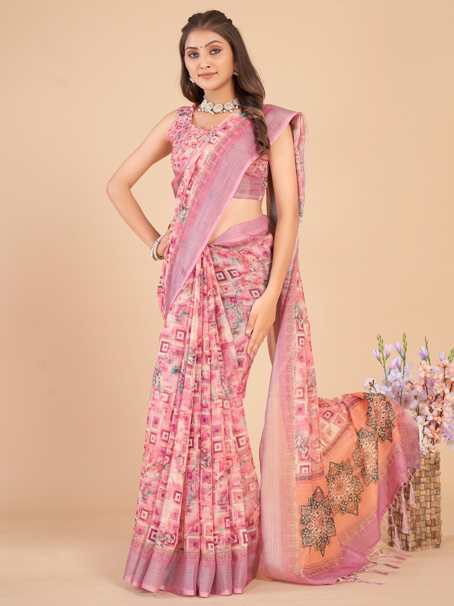 Women's Linen Blend Pink Printed Designer Saree With Blouse Piece