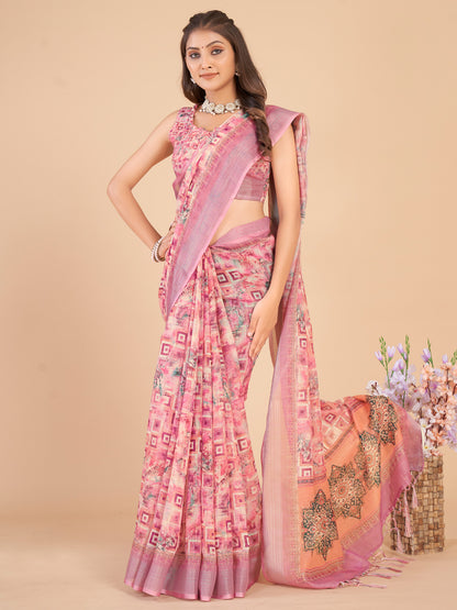 Women's Linen Blend Pink Printed Designer Saree With Blouse Piece