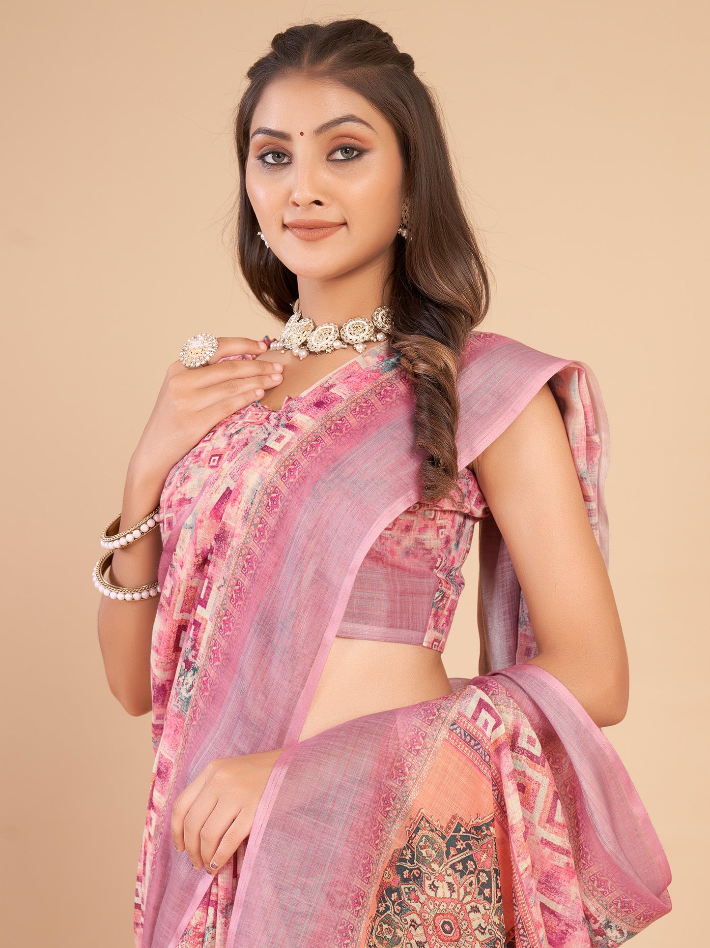 Women's Linen Blend Pink Printed Designer Saree With Blouse Piece