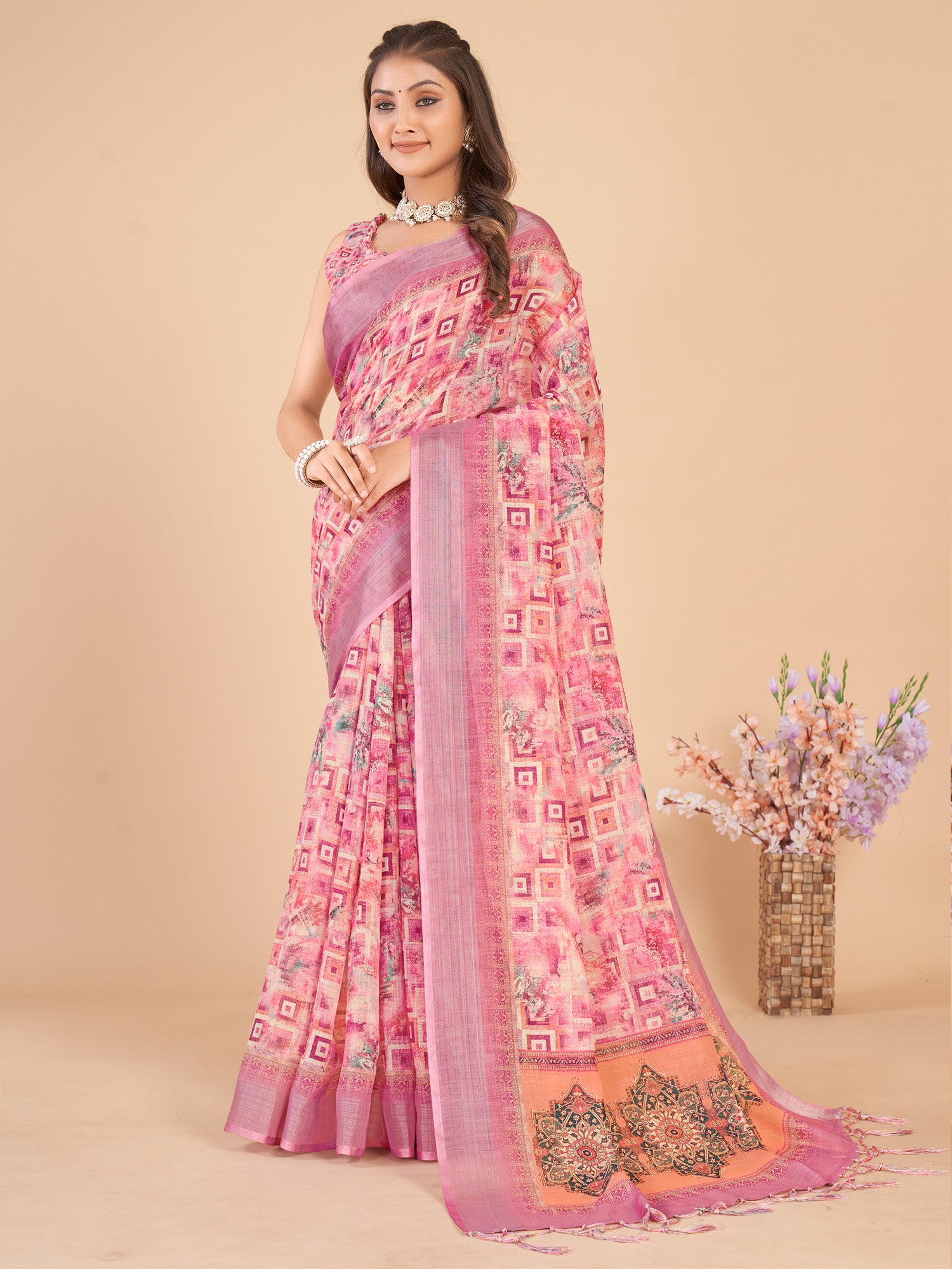 Women's Linen Blend Pink Printed Designer Saree With Blouse Piece
