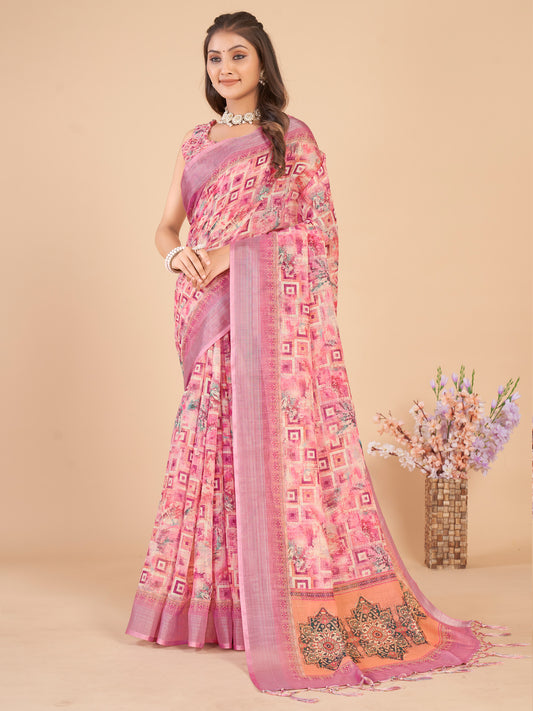 Women's Linen Blend Pink Printed Designer Saree With Blouse Piece