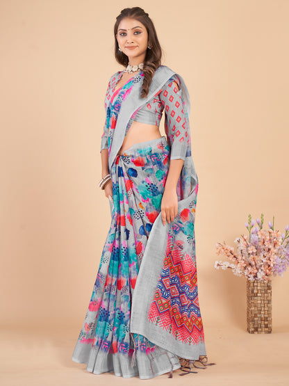 Women's Linen Blend Grey Printed Designer Saree With Blouse Piece