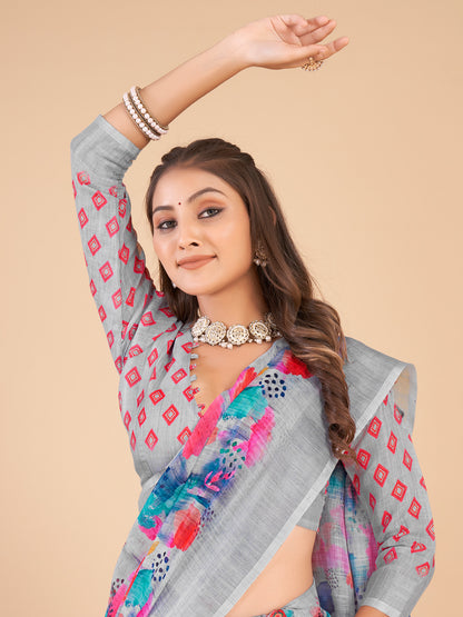 Women's Linen Blend Grey Printed Designer Saree With Blouse Piece
