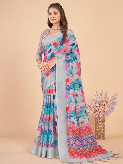 Women's Linen Blend Grey Printed Designer Saree With Blouse Piece