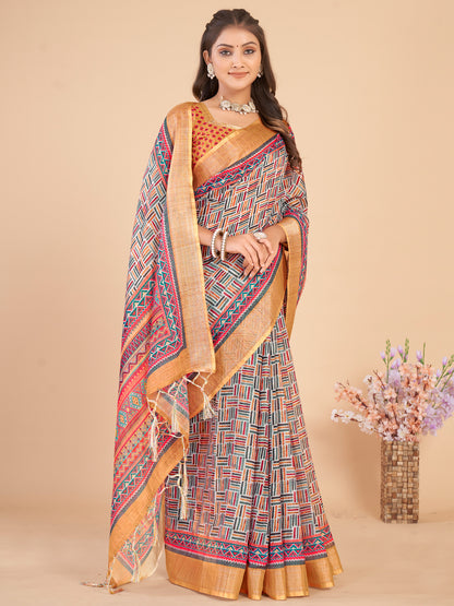 Women's Linen Blend Multicolored Printed Designer Saree With Blouse Piece