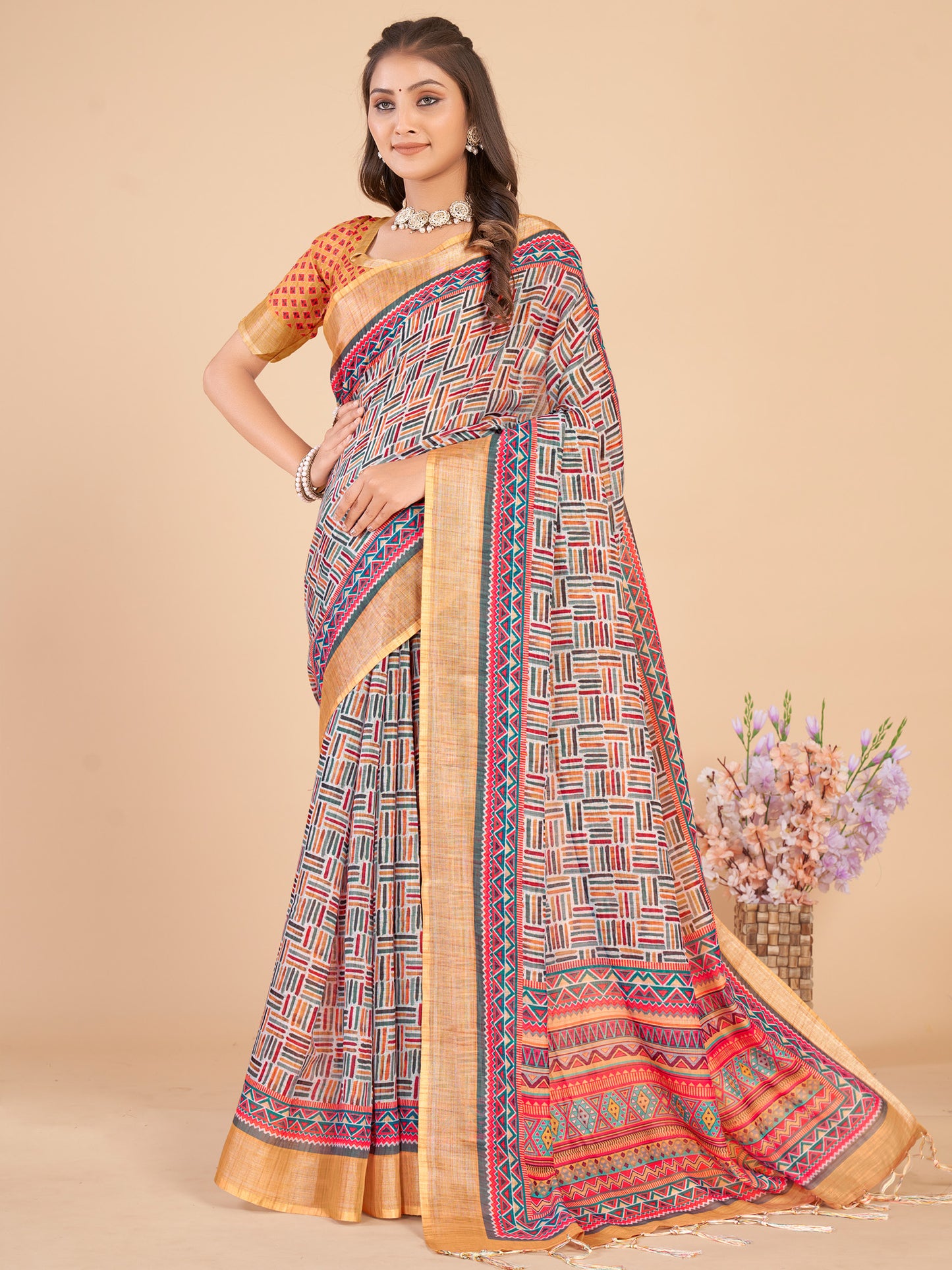 Women's Linen Blend Multicolored Printed Designer Saree With Blouse Piece