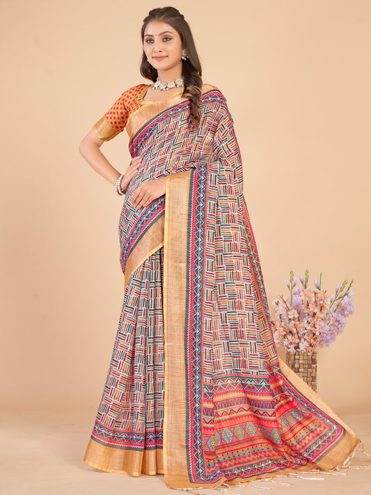 Women's Linen Blend Multicolored Printed Designer Saree With Blouse Piece