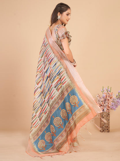 Women's Linen Blend Multicolored Printed Designer Saree With Blouse Piece