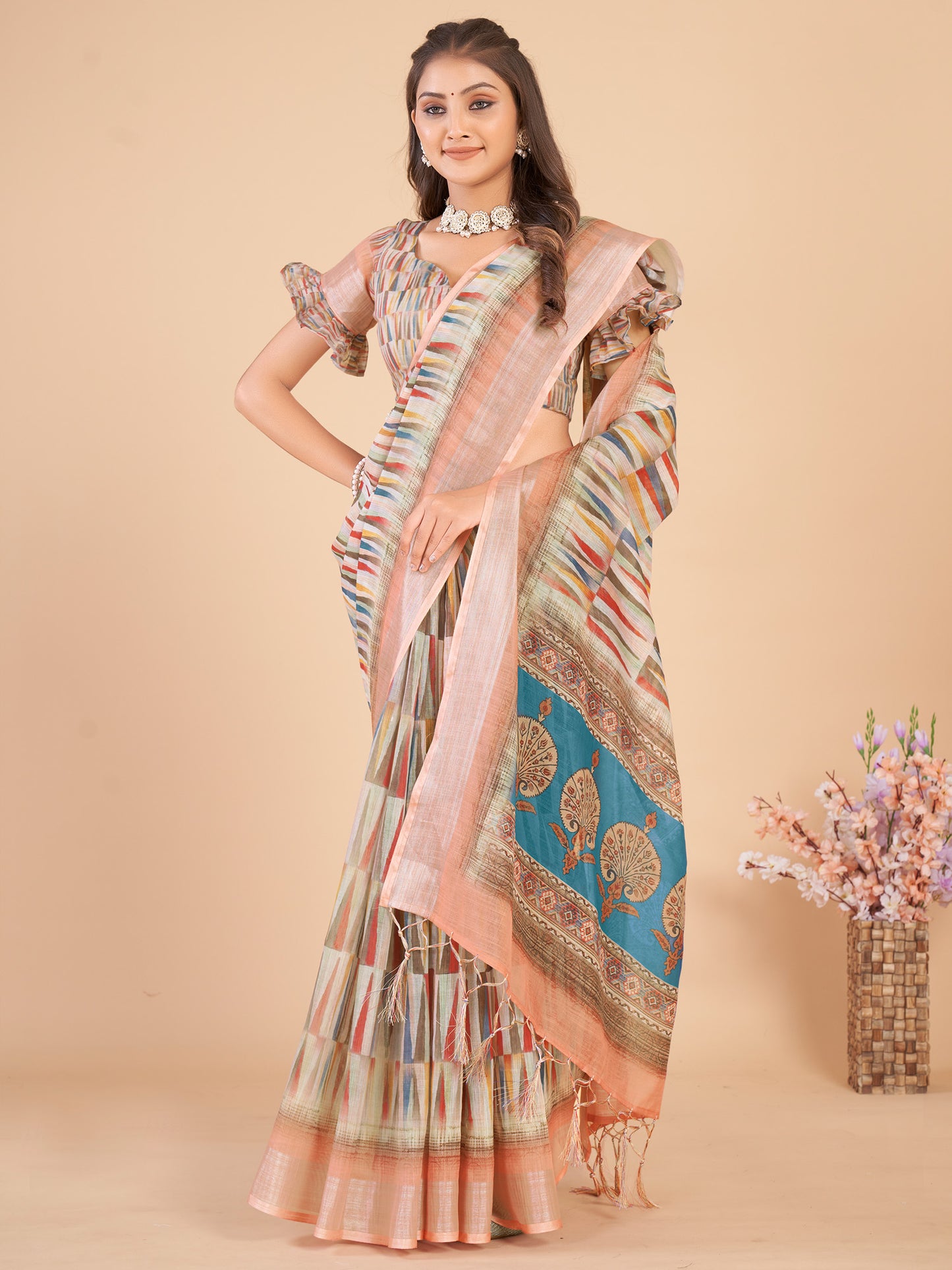 Women's Linen Blend Multicolored Printed Designer Saree With Blouse Piece