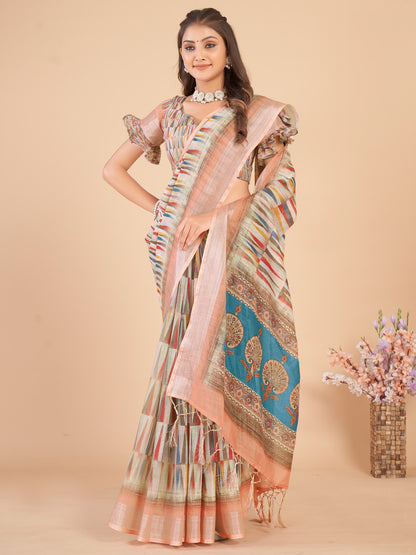 Women's Linen Blend Multicolored Printed Designer Saree With Blouse Piece
