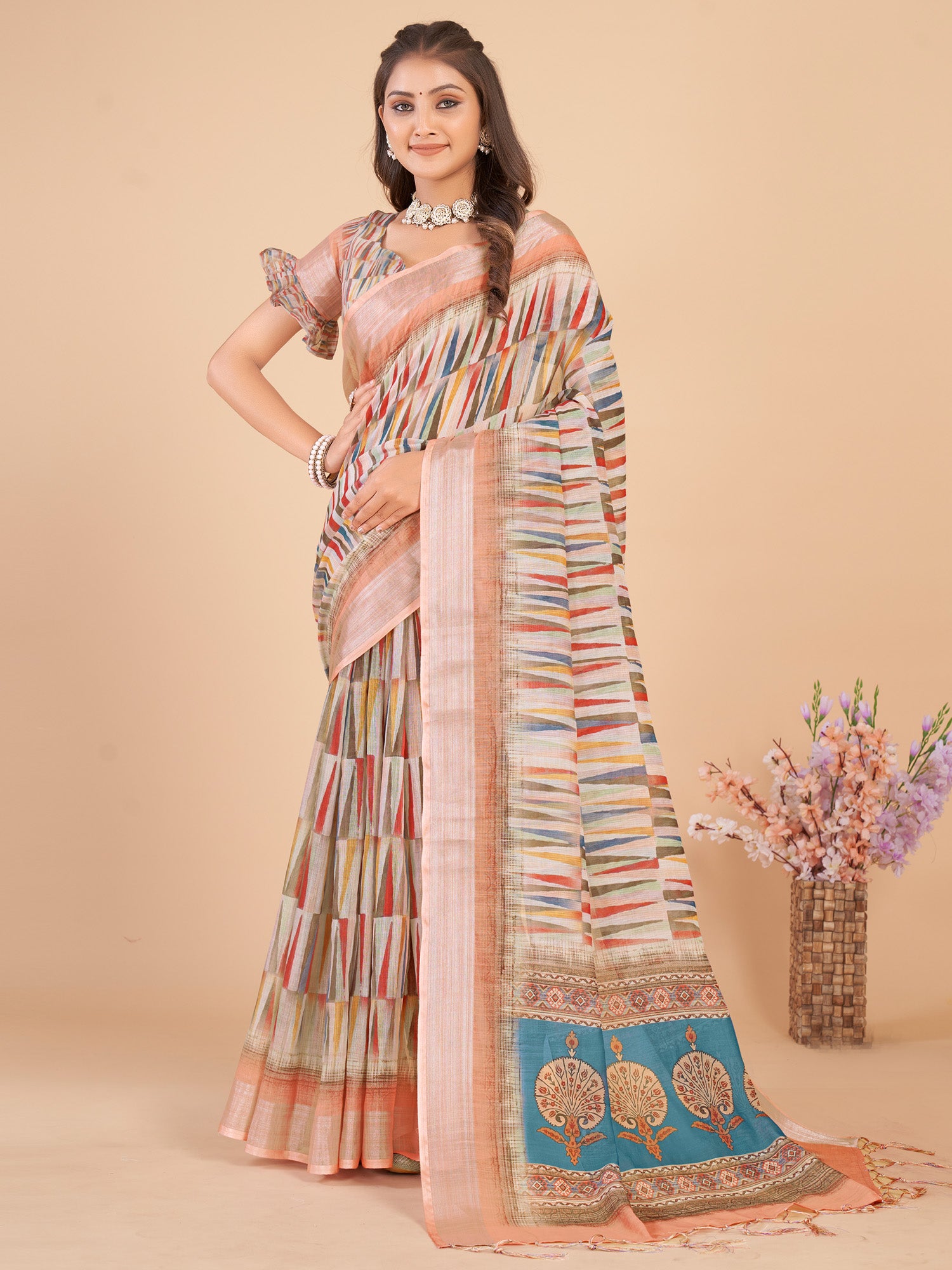 Women's Linen Blend Multicolored Printed Designer Saree With Blouse Piece