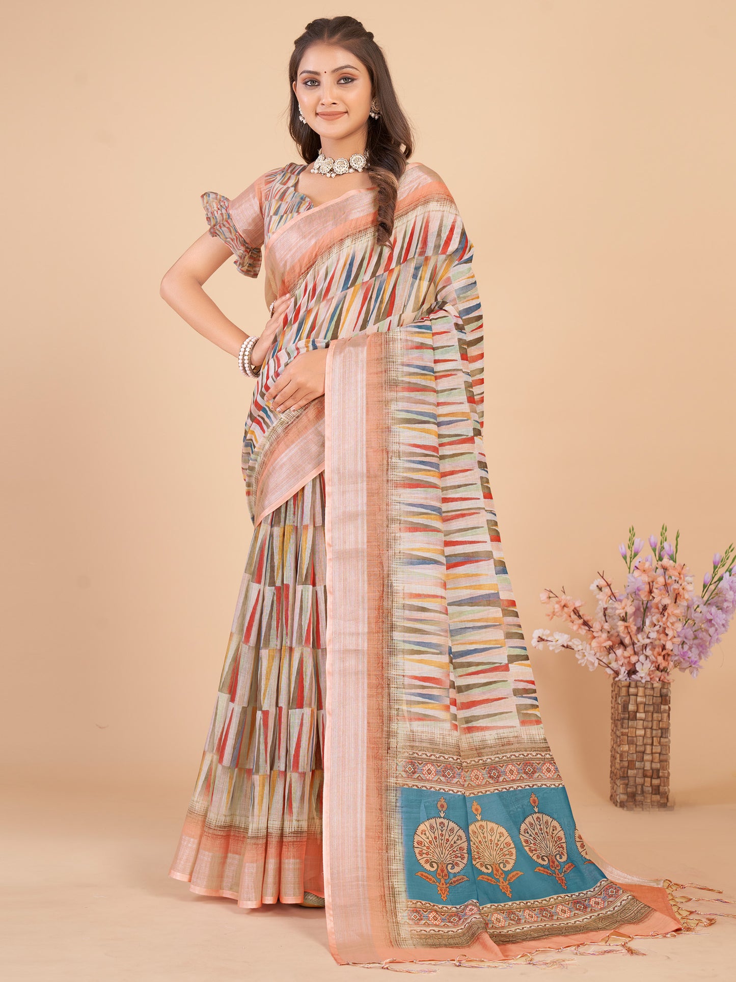 Women's Linen Blend Multicolored Printed Designer Saree With Blouse Piece