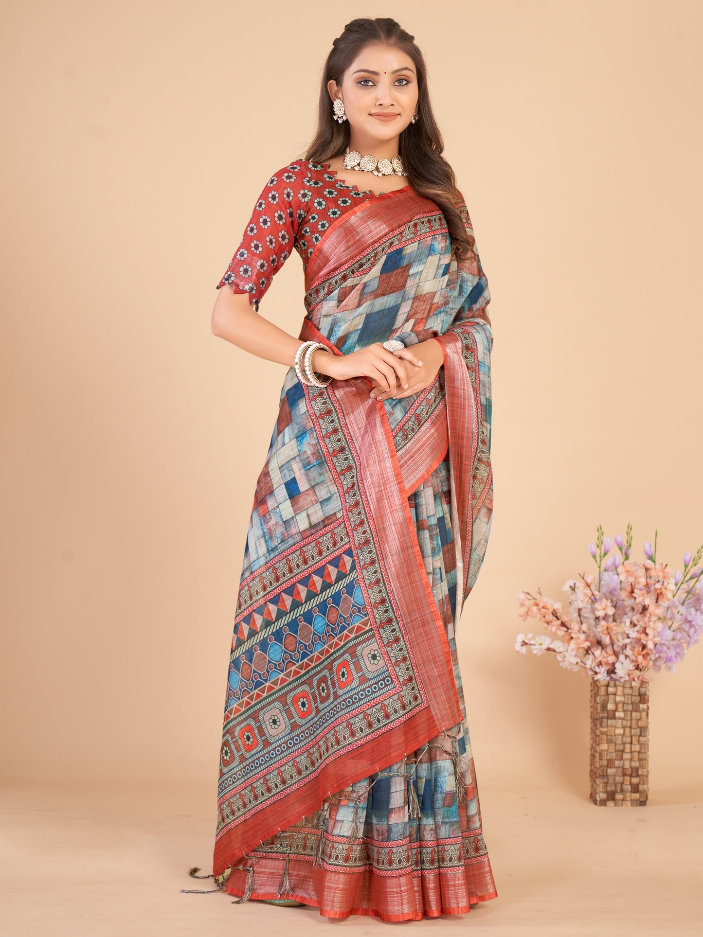 Women's Linen Blend Multicolored Printed Designer Saree With Blouse Piece