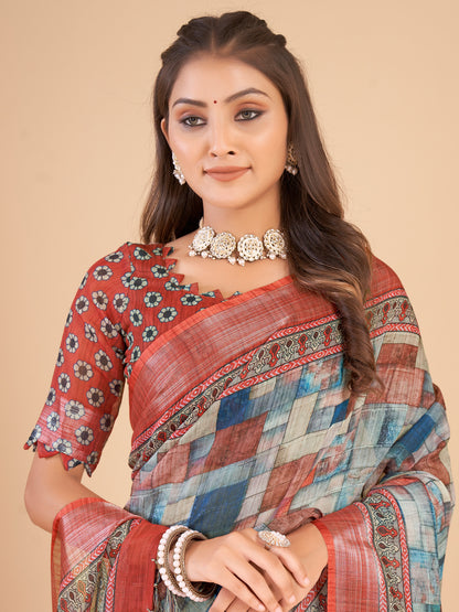 Women's Linen Blend Multicolored Printed Designer Saree With Blouse Piece
