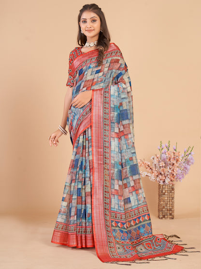 Women's Linen Blend Multicolored Printed Designer Saree With Blouse Piece