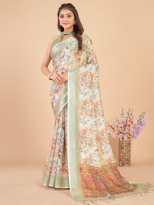 Women's Linen Blend Light Green Printed Designer Saree With Blouse Piece