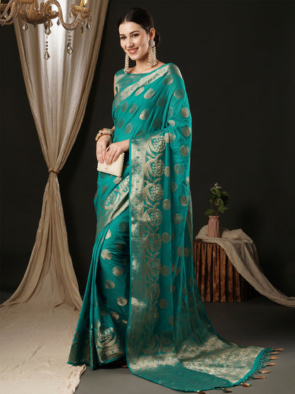 Women's Georgette Light Blue Woven Design Designer Saree With Blouse Piece