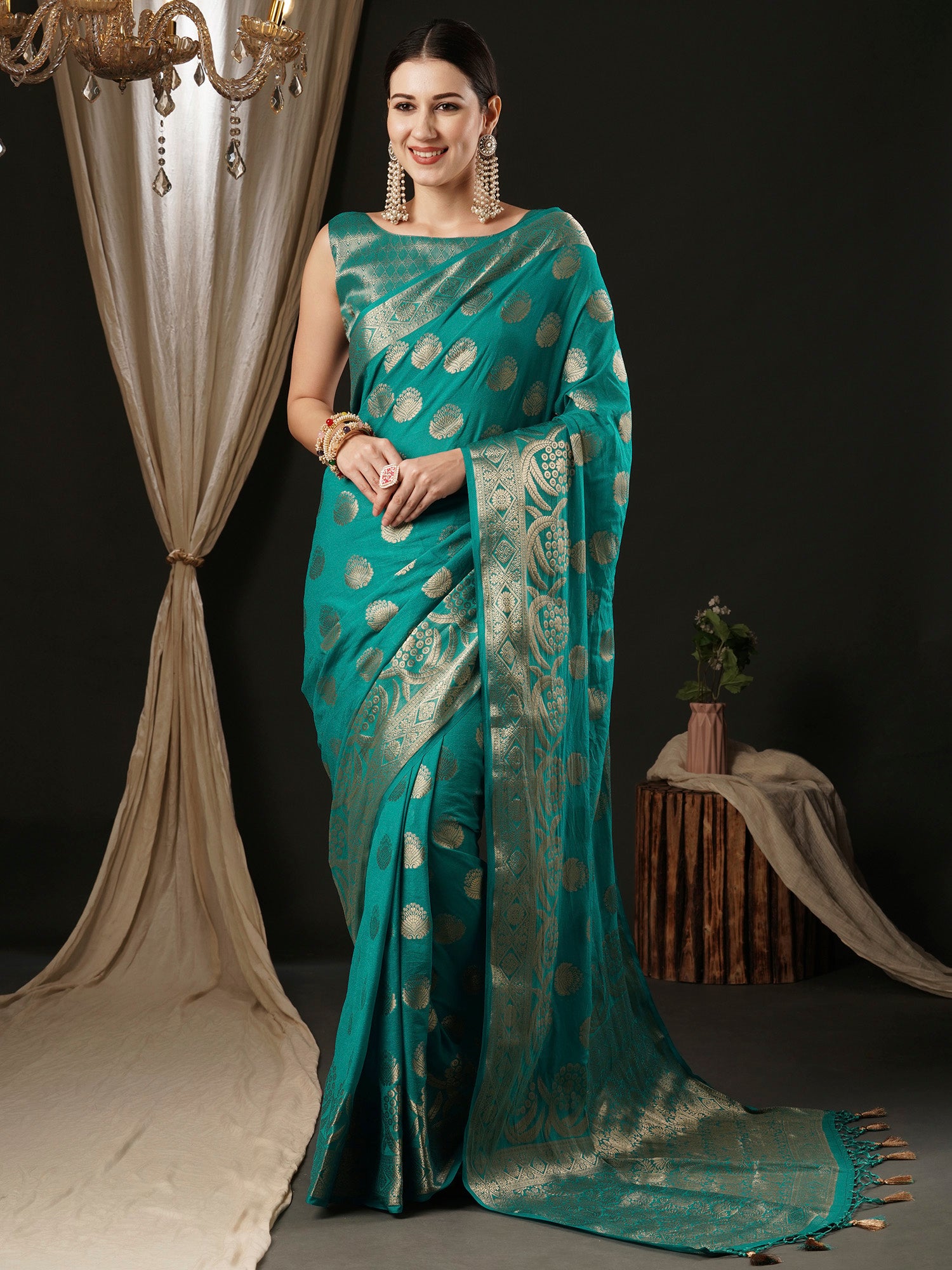 Women's Georgette Light Blue Woven Design Designer Saree With Blouse Piece