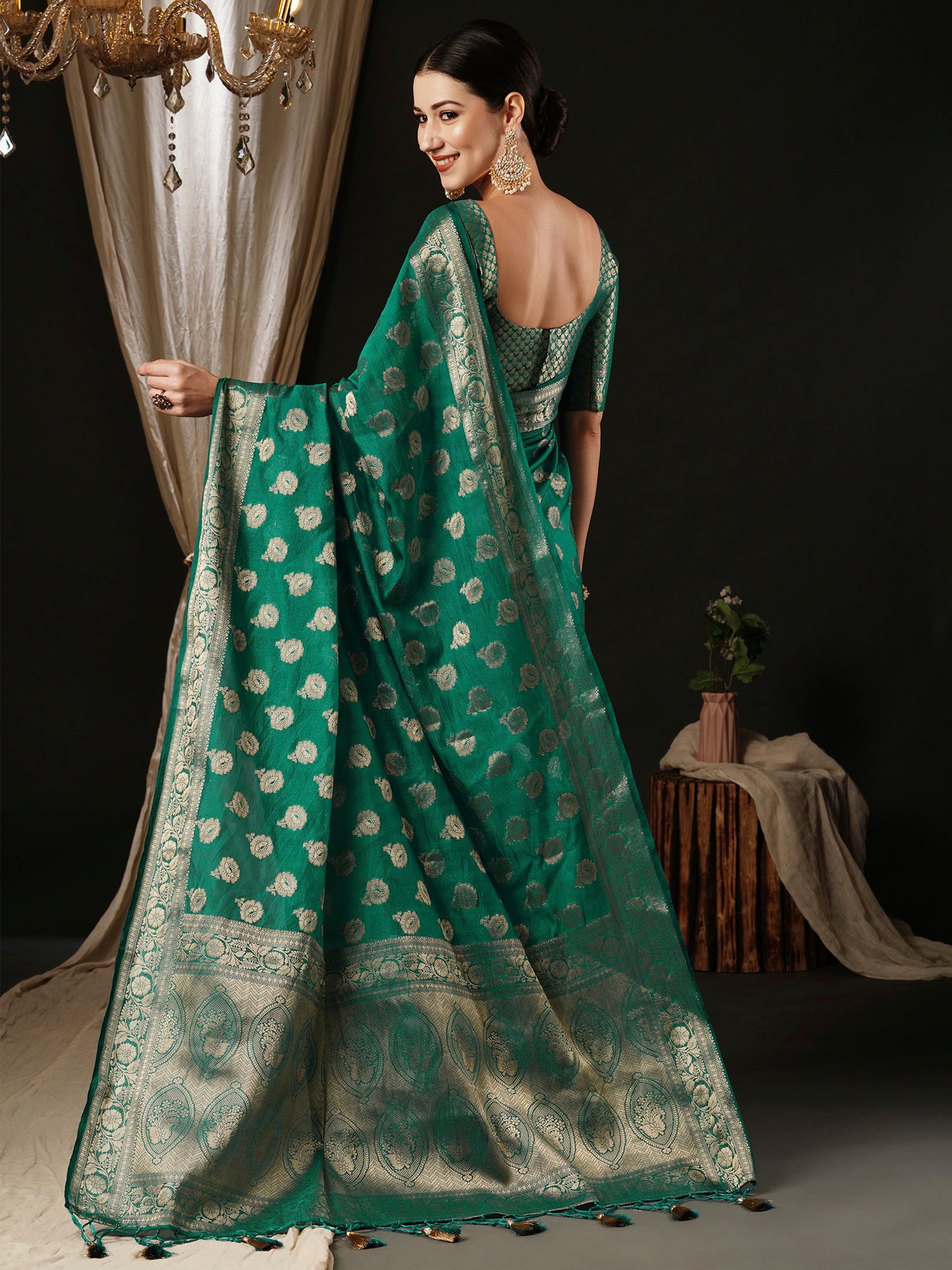 Women's Georgette Turquoise Woven Design Designer Saree With Blouse Piece