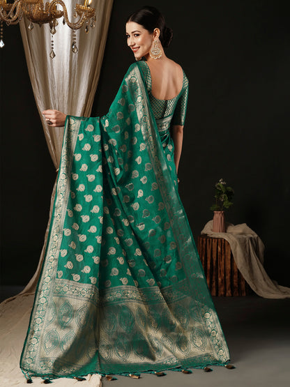 Women's Georgette Turquoise Woven Design Designer Saree With Blouse Piece