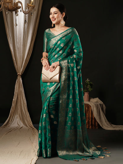Women's Georgette Turquoise Woven Design Designer Saree With Blouse Piece