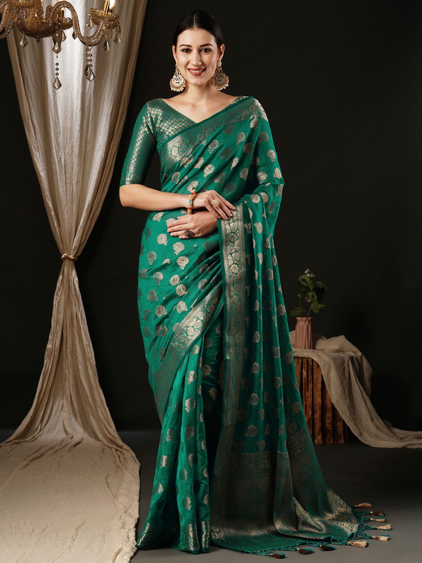 Women's Georgette Turquoise Woven Design Designer Saree With Blouse Piece