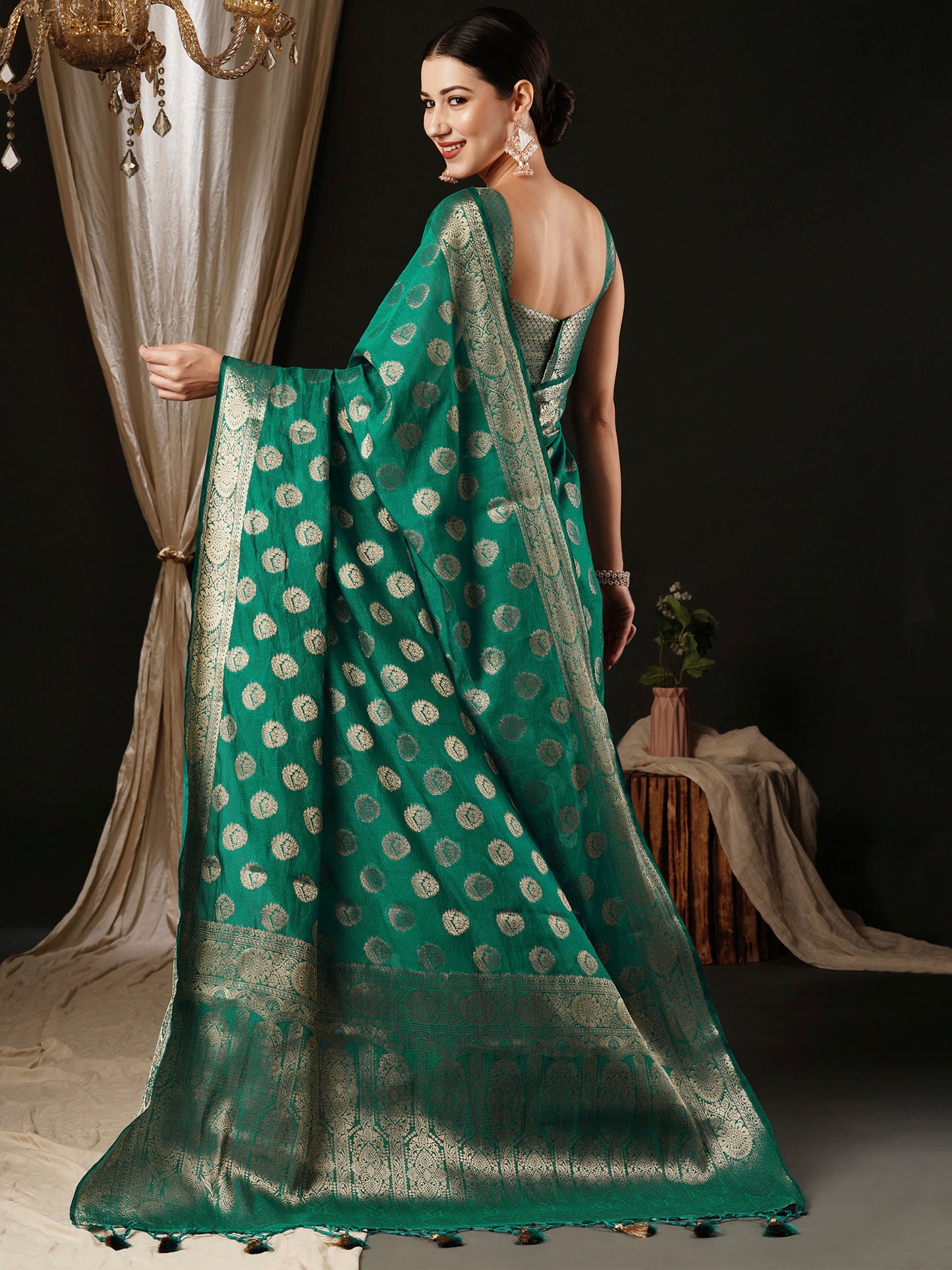 Women's Georgette Turquoise Woven Design Designer Saree With Blouse Piece