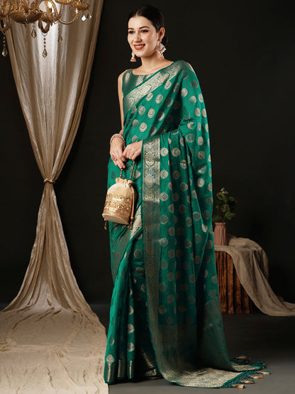 Women's Georgette Turquoise Woven Design Designer Saree With Blouse Piece