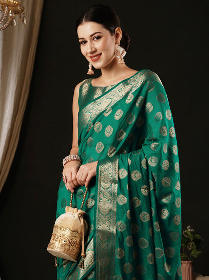 Women's Georgette Turquoise Woven Design Designer Saree With Blouse Piece