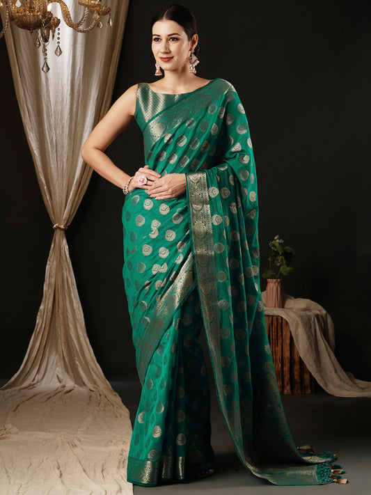 Women's Georgette Turquoise Woven Design Designer Saree With Blouse Piece