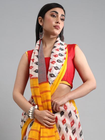 Women's Cotton Blend Cream Printed Designer Saree With Blouse Piece