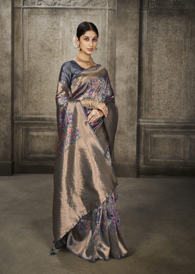 Dhiyona GR Women's Aroma Glacier Grey Woven Banarasi Art Silk Saree