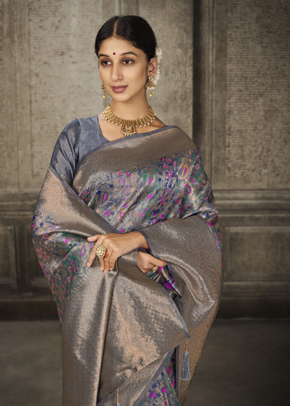 Dhiyona GR Women's Aroma Glacier Grey Woven Banarasi Art Silk Saree