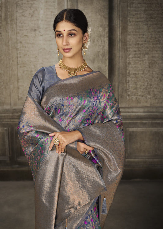 Dhiyona GR Women's Aroma Glacier Grey Woven Banarasi Art Silk Saree