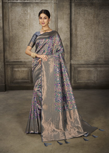 Dhiyona GR Women's Aroma Glacier Grey Woven Banarasi Art Silk Saree