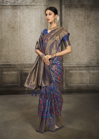 Dhiyona GR Women's Aroma Peacock Blue Woven Banarasi Art Silk Saree