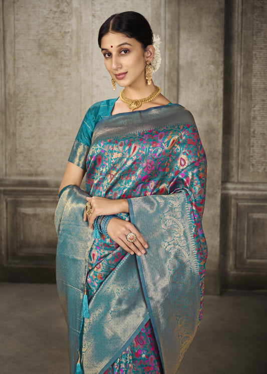 Dhiyona GR Women's Aroma Misty Teal Blue Woven Banarasi Art Silk Saree