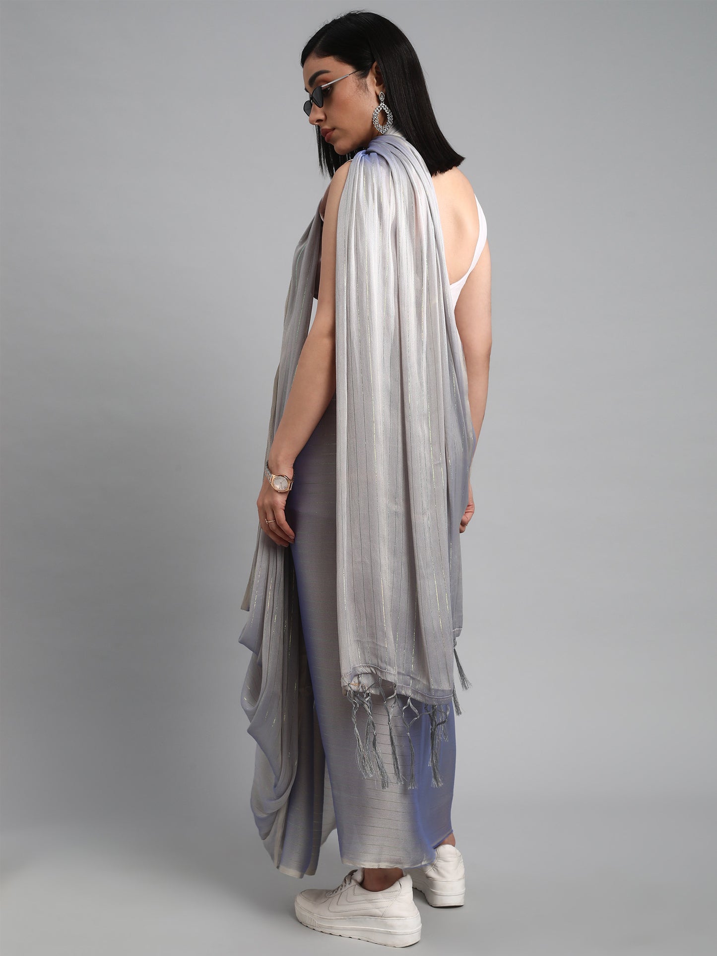 Women's Poly Georgette Grey Solid Designer Saree With Blouse Piece