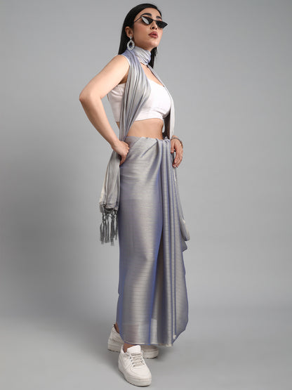 Women's Poly Georgette Grey Solid Designer Saree With Blouse Piece
