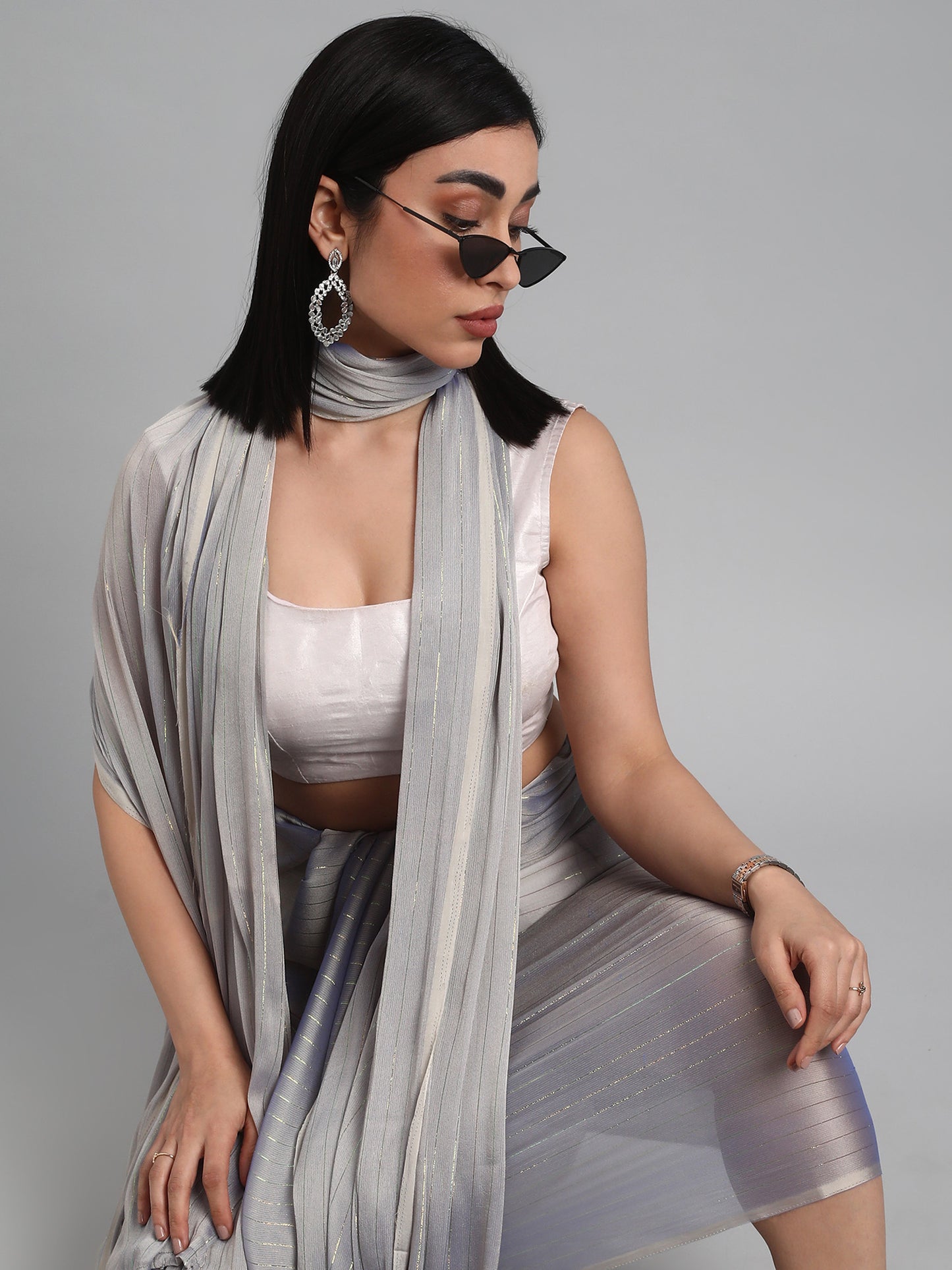 Women's Poly Georgette Grey Solid Designer Saree With Blouse Piece