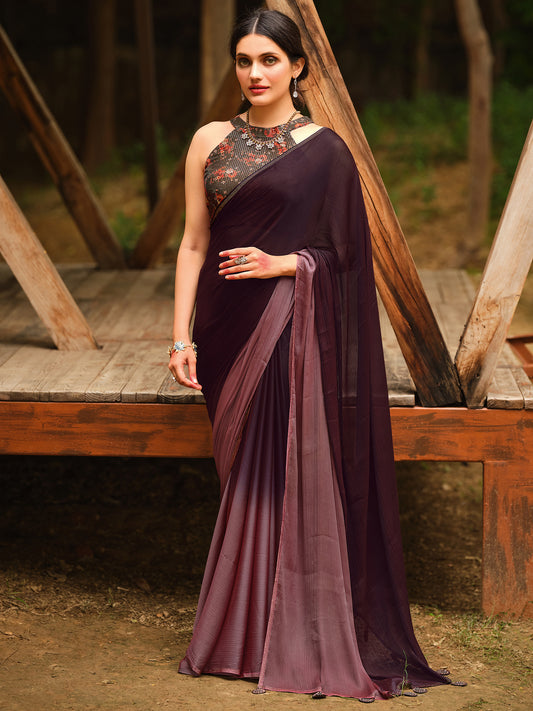 Women's Chiffon Purple Embellished Celebrity Saree With Blouse Piece