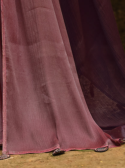 Women's Chiffon Purple Embellished Celebrity Saree With Blouse Piece