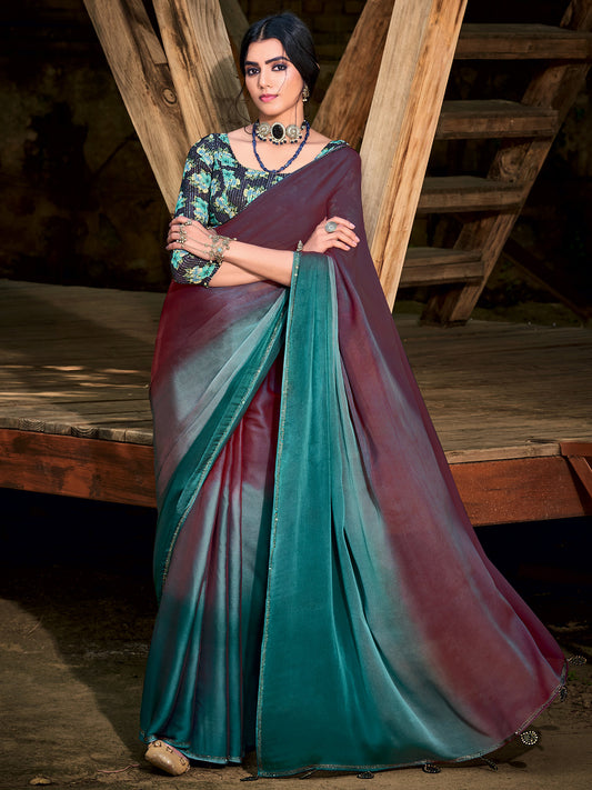 Women's Chiffon Burgundy Embellished Celebrity Saree With Blouse Piece